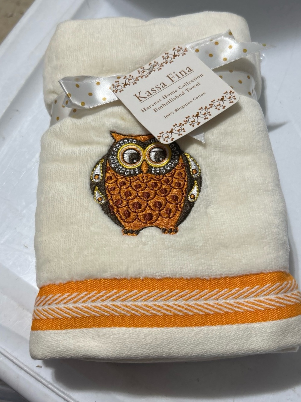 Cream Embellished Kitchen Towel with Orange Owl Accent